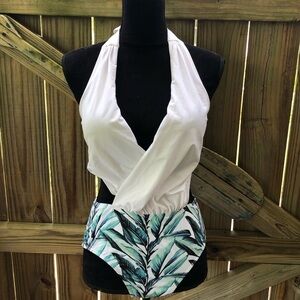 Vibesicily Colorblock Green Leaf Halter High Waist One Piece Swimsuit Size L